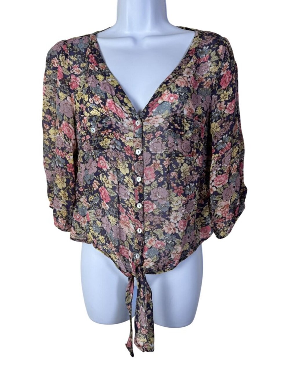 Remain Floral 3/4 Sleeve Blouse Top Womens Small Boho Lightweight Whimsical